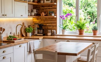 Modern rustic white kitchen with a warm wood accent wall, brass hardware, pendant lights, plants, and a central island