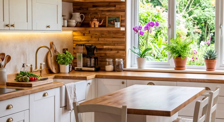 Modern rustic white kitchen with a warm wood accent wall, brass hardware, pendant lights, plants, and a central island
