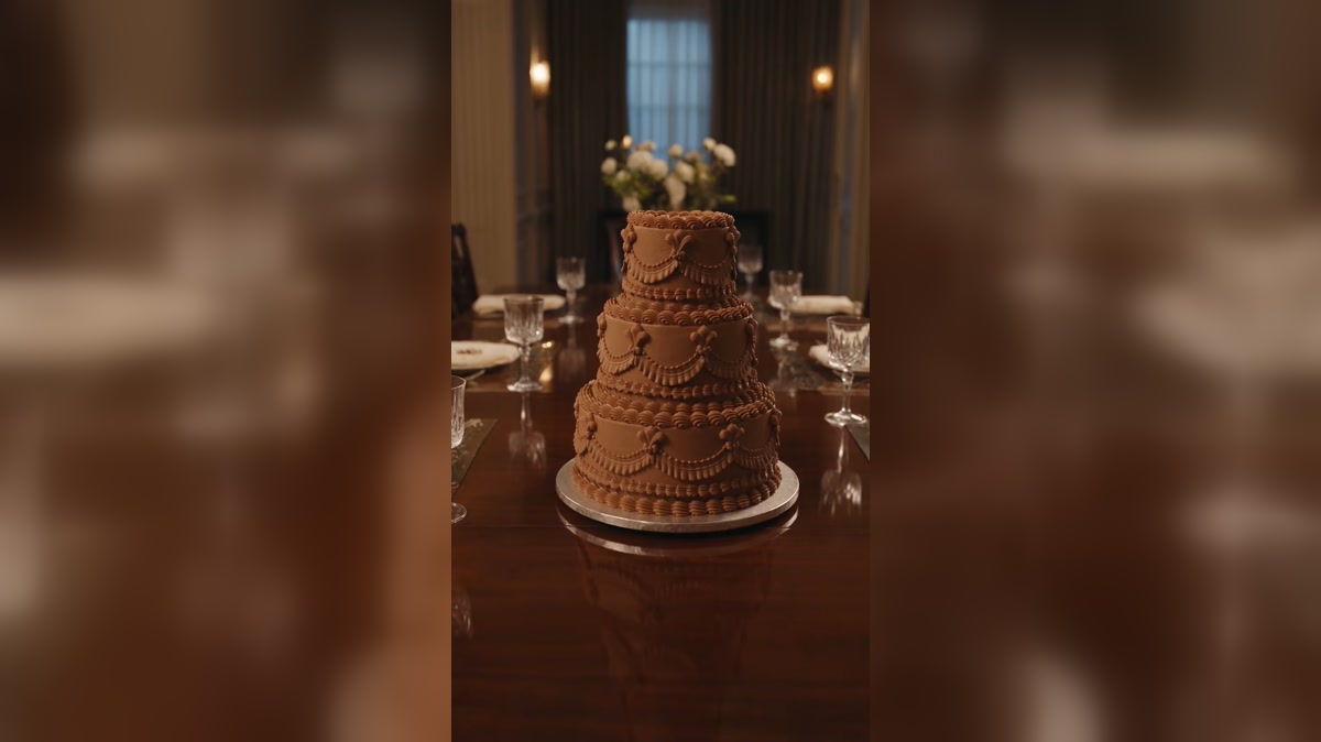 A birthday cake in a dramatized family gathering before it falls