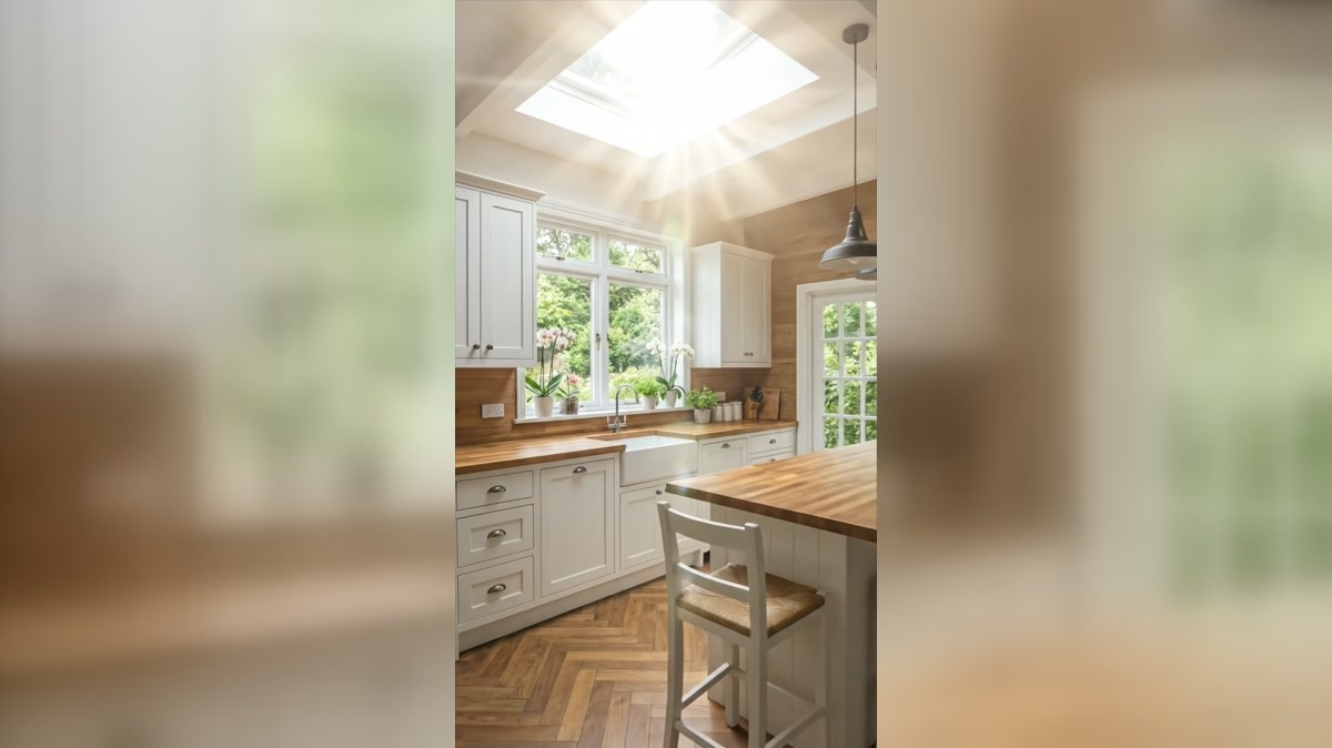 Skylight, white cabinetry, and warm timber surfaces in the calm kitchen