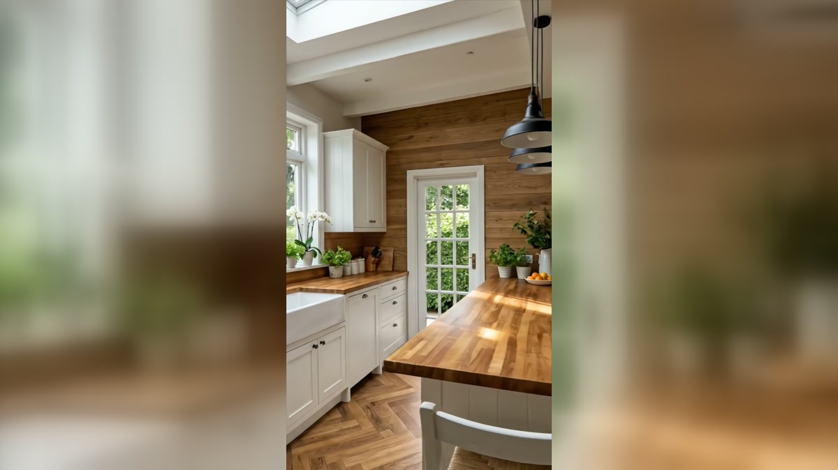 Herringbone floor and timber island during the kitchen transformation