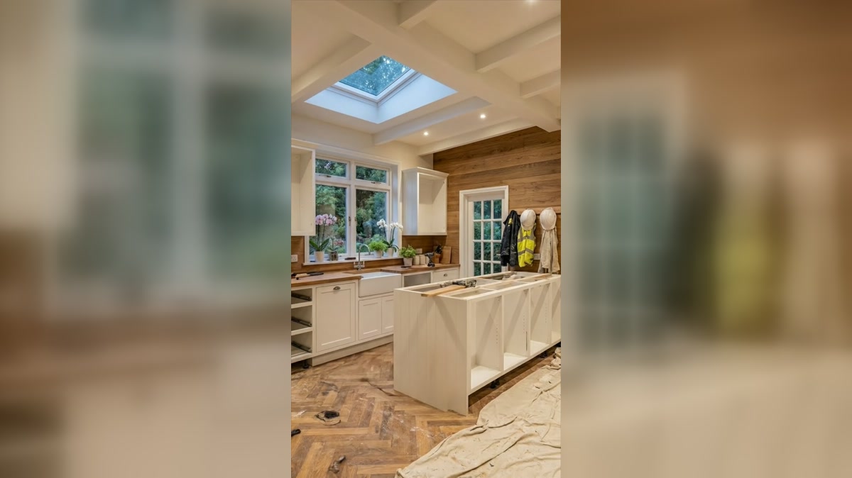 Finished island with dark pendant lights and a timber feature wall