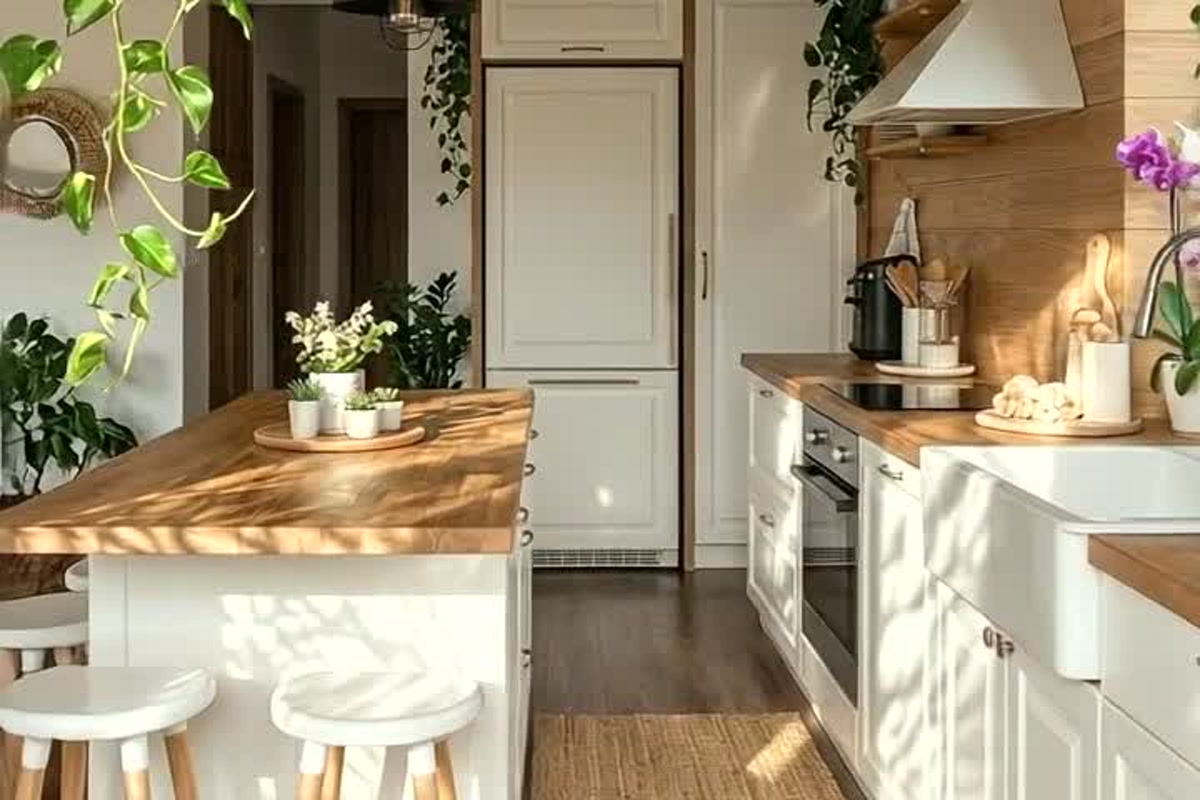 Slim wood-topped kitchen island with white stools and a clear central walkway
