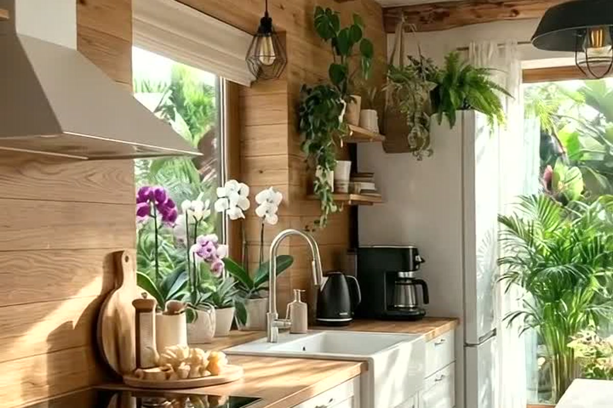 Sunlit kitchen sink with orchids, trailing plants, warm wood counters, and a compact coffee station