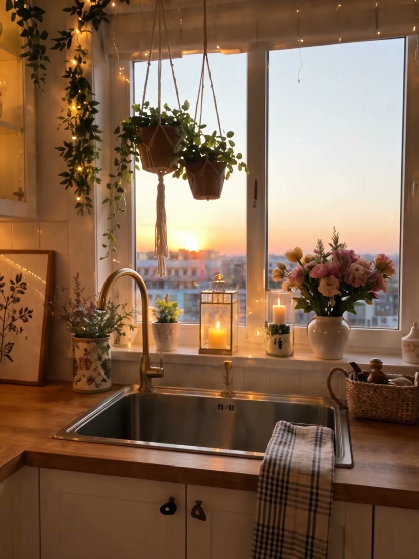 Compact kitchen sink beneath a sunset window with plants, flowers, and warm wood counters