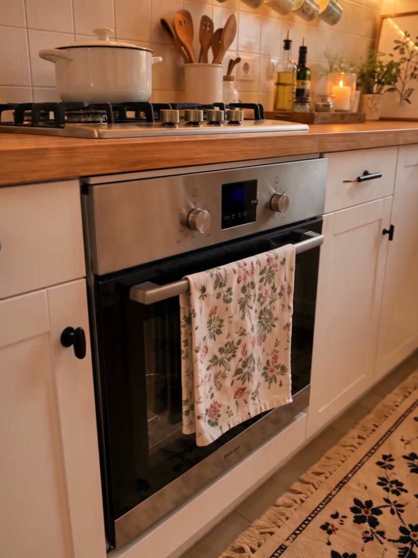 White kitchen cooking zone with warm under-cabinet lighting, wood countertop, and black hardware