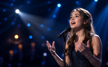 Young vocalist singing into a microphone beneath blue and amber stage lights