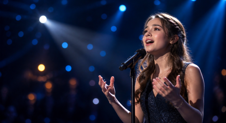 Young vocalist singing into a microphone beneath blue and amber stage lights