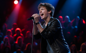 Teen rock singer performing energetically under red and blue stage lights