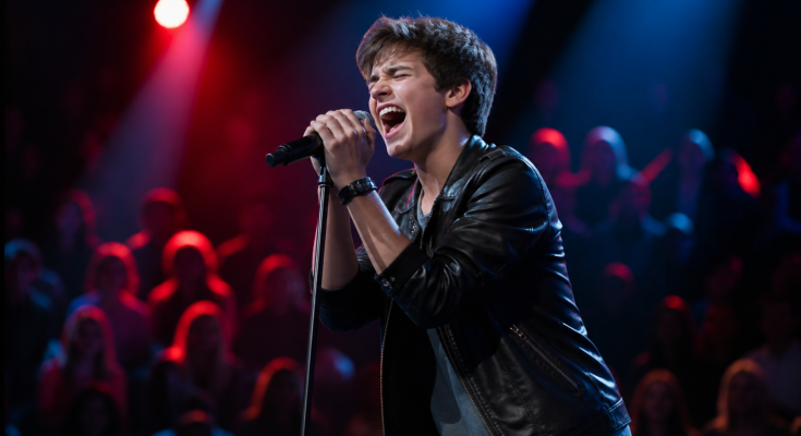 Teen rock singer performing energetically under red and blue stage lights