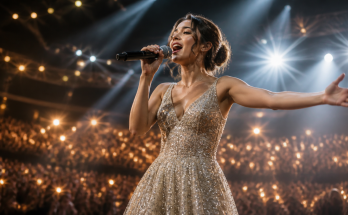 Young singer in a sparkling stage outfit performing before a glowing audience