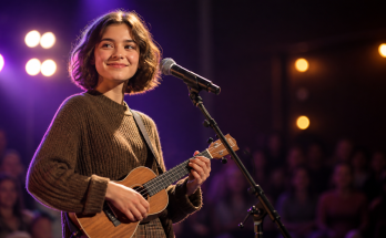 Young singer-songwriter playing a ukulele beneath purple stage lights