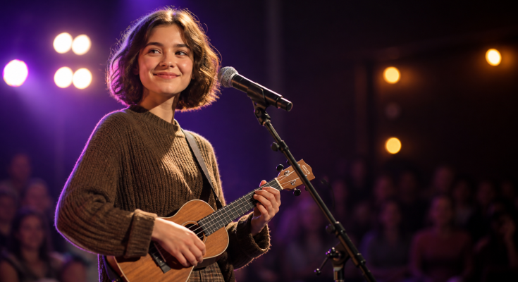 Young singer-songwriter playing a ukulele beneath purple stage lights