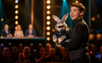 Young ventriloquist performing with a rabbit puppet on a talent-show stage