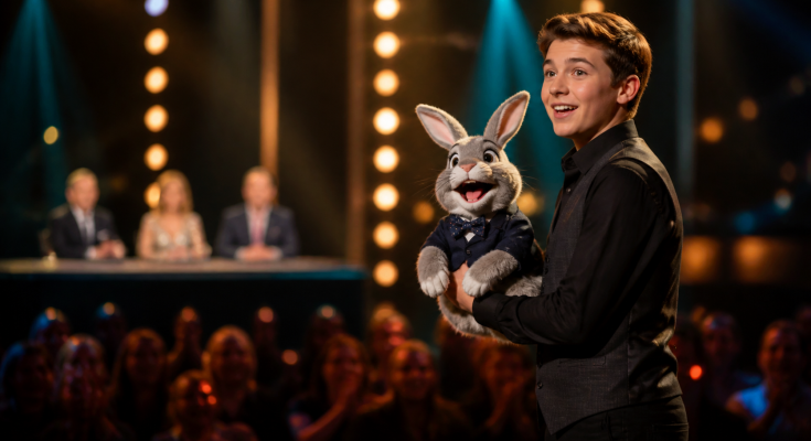 Young ventriloquist performing with a rabbit puppet on a talent-show stage