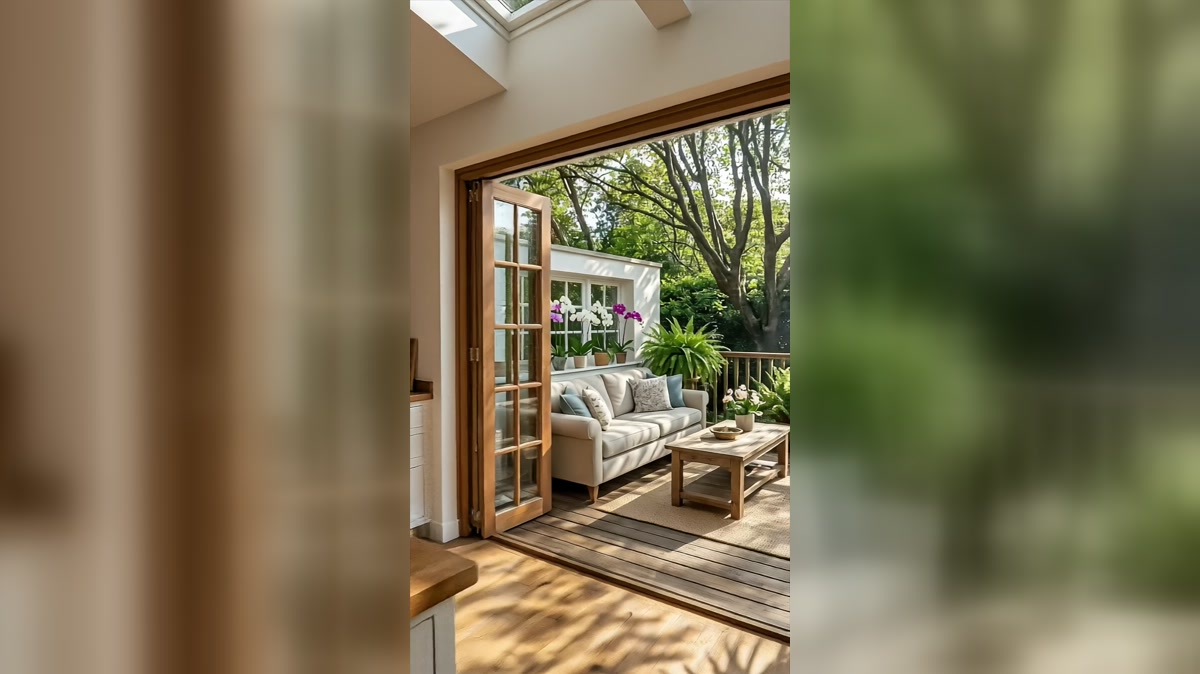 Compact island and open shelves beside the garden threshold