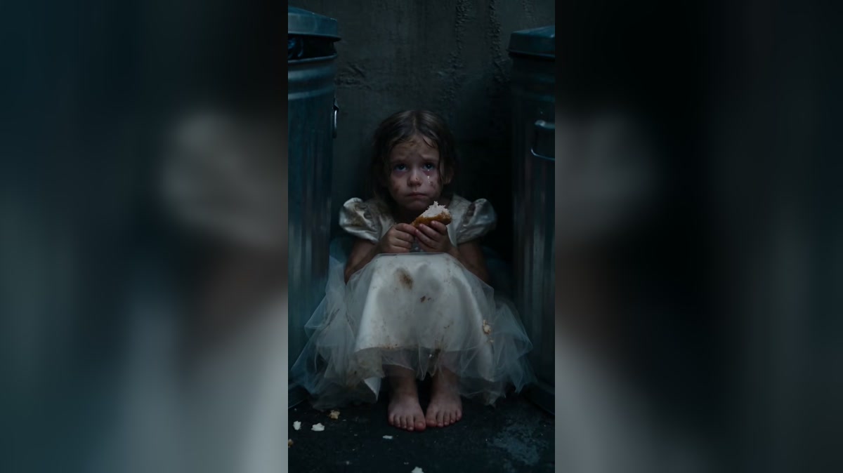A dramatized scene of a young girl found sitting behind a hotel