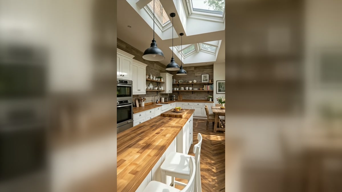 Long kitchen with roof lights, timber island, and garden windows