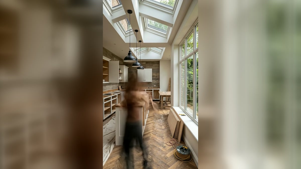 Finished narrow kitchen with open shelves and window-side plants
