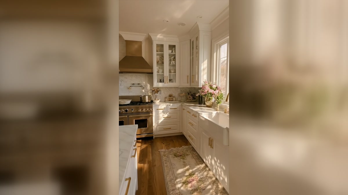 White kitchen framed by flowering trees and a mountain view