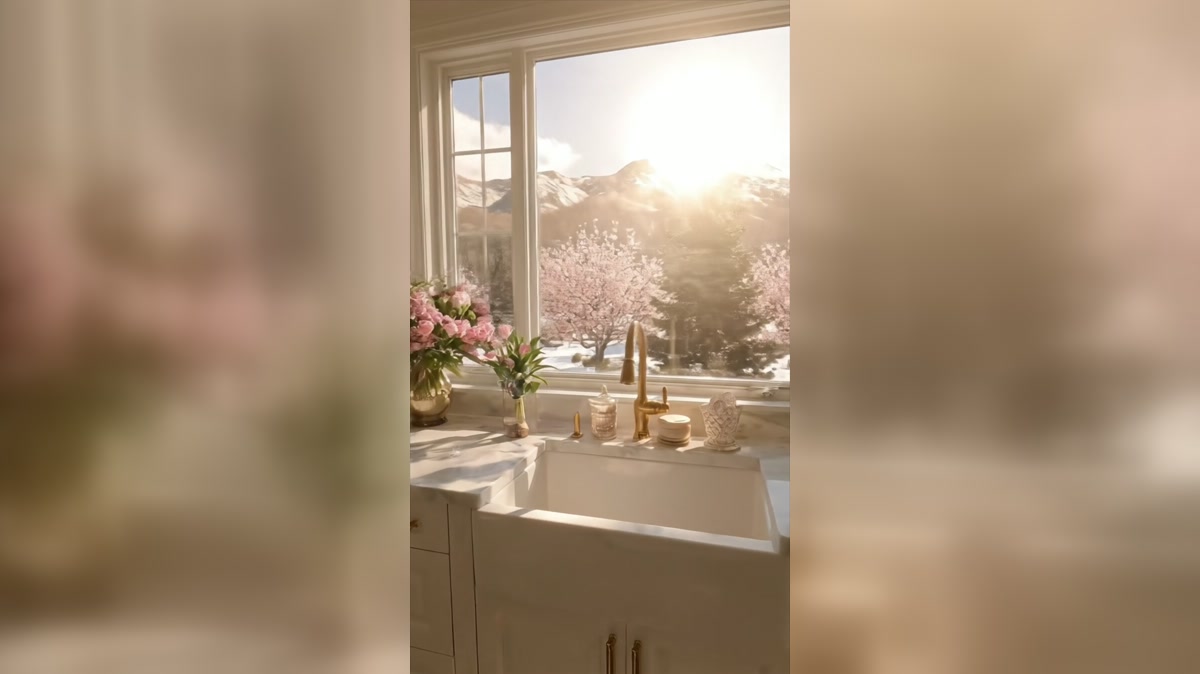 Farmhouse sink, brass faucet, and flowers in morning light