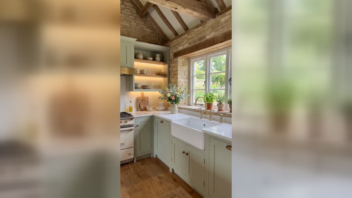 Sunlight, exposed stone, timber beams, and sage cabinetry define the cottage kitchen