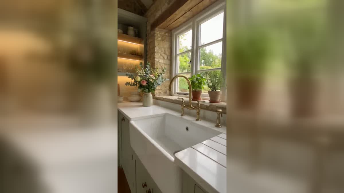 A deep farmhouse sink and fresh herbs sit beneath the sun-filled cottage window