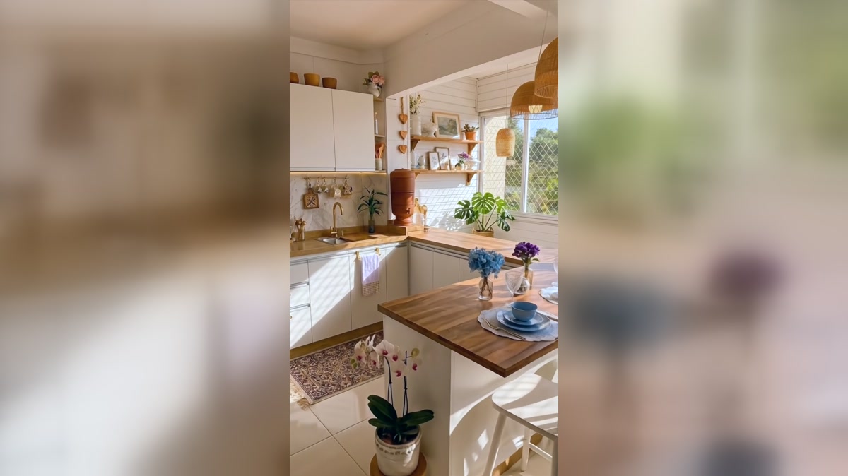 Sunlit white kitchen with timber counters and woven pendant lights