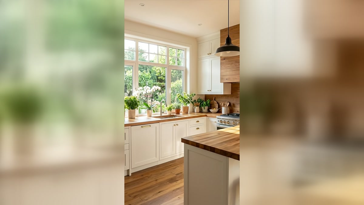 White cabinetry and timber feature wall around the range