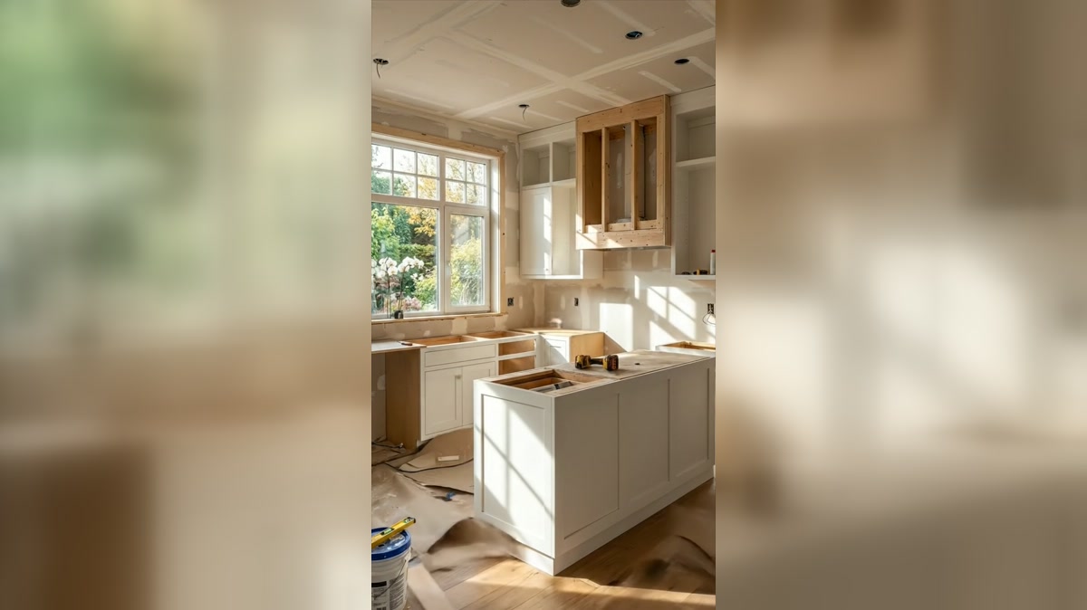 Finished white-and-wood kitchen with black pendant lights